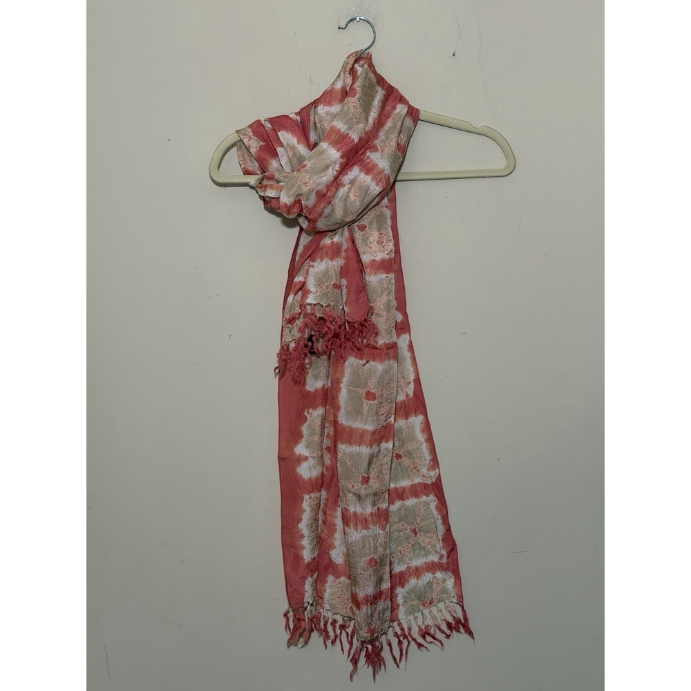 Eileen Fisher Coral Red Hand-Dyed Silk Shibori Geometric Scarf 20x72